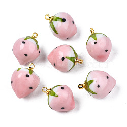 Handmade Porcelain Pendants, with Golden Plated Brass Findings, Famille Rose Style, 3D Strawberry, Pink, 18~20x13.5~15mm, Hole: 1.6mm(PORC-N004-152B-06)