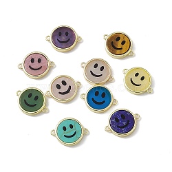Natural & Synthetic Mixed Stone Connector Charms, Flat Round with Smiling Face Links, with Rack Plating Golden Tone Brass Findings, Cadmium Free & Lead Free, Mixed Dyed and Undyed, 15.5x20x3mm, Hole: 1.6mm(G-G977-07G)