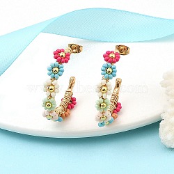 304 Stainless Steel & Bohemian Beaded C-Shaped with Flower Stud Earrings for Women, Golden, Mixed Color, 33x7x32mm, Pin: 0.8mm(EJEW-R001-03G-01)