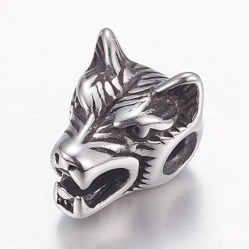 304 Stainless Steel Beads, Wolf Head, Antique Silver, 14x11x11mm, Hole: 2mm