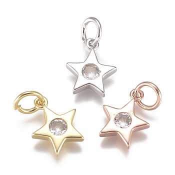 Brass Micro Pave Cubic Zirconia Charms, with Jump Ring, Long-Lasting Plated, Star, Mixed Color, Clear, 10x9x2mm, Hole: 3mm