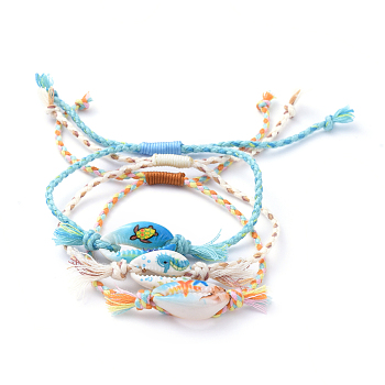 Adjustable Braided Bead Bracelets, with Printed Cowrie Shell Beads and Cotton Cord, Marine Organism Pattern, Mixed Color, Inner Diameter: 3/4 inch~3 inch(2.1~7.8cm), 3pcs/set