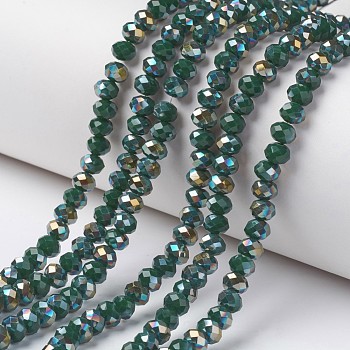 Electroplate Opaque Glass Beads Strands, Half Green Plated, Faceted, Rondelle, Dark Slate Gray, 6x5mm, Hole: 1mm, about 85~88pcs/strand, 16.1~16.5 inch(41~42cm)