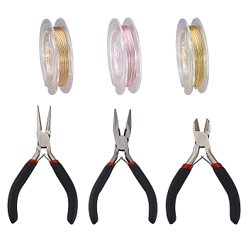 DIY Jewelry Kits, with Copper Jewelry Wire, Long-Lasting Plated, Carbon Steel Pliers, Mixed Color, 0.6mm, 5m/roll, 3color, 1roll/color, 3rolls/set