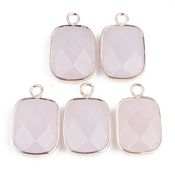 Faceted Natural Rose Quartz Pendants, with Golden Plated Brass Edge and Loop, Rectangle, 22x13.5x5.5mm, Hole: 2mm