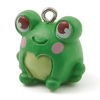 Platic Pendants, with Platinum Tone Iron Loops, Frog Charm, Lime Green, 19x19.5x16mm, Hole: 2mm