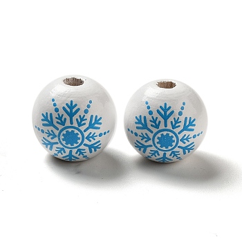 Christmas Snowflake Printed Wood European Beads, Large Hole Beads, Round, White, 16mm, Hole: 4mm