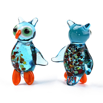 Handmade Lampwork Home Decorations, 3D Owl Ornaments for Gift, Cyan, 51~52.5x36~37.5x22~23mm