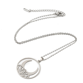 201 Stainless Steel Moon Pendant Necklace with Cable Chains, Stainless Steel Color, 17.60 inch(44.7cm)