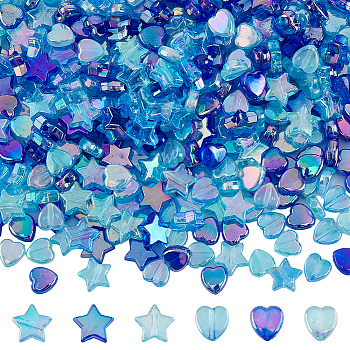 480Pcs 6 Style Transparent Acrylic Beads, AB Color, Heart, Mixed Color, 8~11x8.5~11x3~4.5mm, Hole: 1~1.6mm