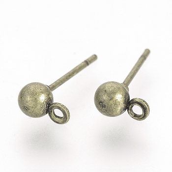 Iron Ball Stud Earring Findings, with Loop, Antique Bronze, 6.5x4mm, Hole: 1mm, Pin: 0.8mm