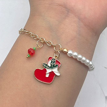 Christmas Jewelry, Alloy Enamel Charm Bracelets for Women, with Plastic Imitation Pearl, Christmas Socking