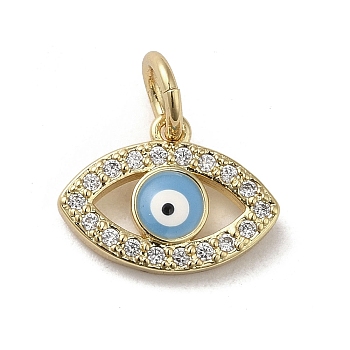 Brass Micro Pave Cubic Zirconia Charms, with Enamel, with Jump Ring, Real 18K Gold Plated, Evil Eye, Light Sky Blue, 10.5x14.5x2.5mm, Hole: 3.6mm