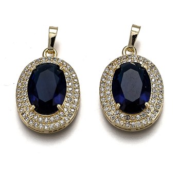 Golden Plated Brass Micro Pave Clear Cubic Zirconia Pendants, with Glass, with Snap on Bails, Long-Lasting Plated, Oval, Medium Blue, 22.5x16x7mm, Hole: 3x5mm