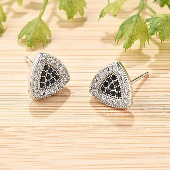 Brass Micro Pave Cubic Zirconia Stud Earrings for Women, Cadmium Free & Lead Free, Long-Lasting Plated, Rack Plating, Platinum, Triangle, 9.5x9.5mm