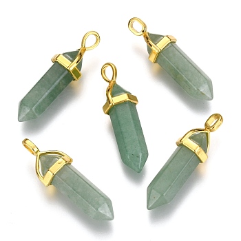 Natural Green Aventurine Double Terminated Pointed Pendants, with Random Alloy Pendant Hexagon Bead Cap Bails, Golden, Bullet, 37~40x12.5x10mm, Hole: 3x4.5mm