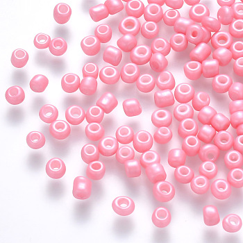 8/0 Baking Paint Glass Round Seed Beads, Pink, 3~3.5x2mm, Hole: 1~1.2mm, about 10000pcs/pound