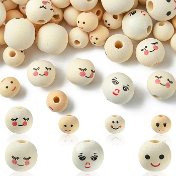 140Pcs 7 Styles  Printed Wood Beads, Round with Smiling Face Pattern, Undyed, Bisque, 12~18x11~17mm, Hole: 2.9~5mm, 20pcs/style