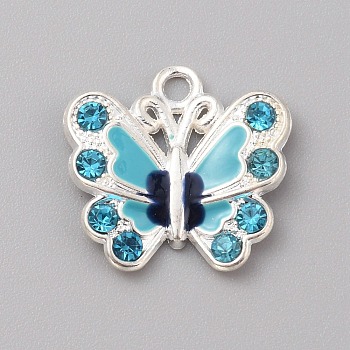 Alloy Enamel Pendants, with Rhinestones, Butterfly Charms, Cyan, 21x22x3.7mm, Hole: 2.5mm