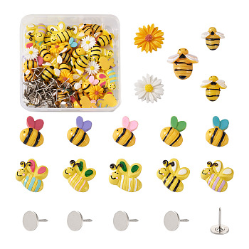 Craftdady 120Pcs DIY Bees & Daisy Shape Sofa Foam Nails Making Kits, Including Iron Flat Head Nails and Resin Cabochons, Mixed Color, 15x10.8mm, Pin: 1.3mm