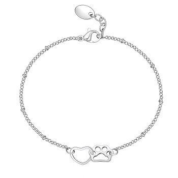 Heart & Dog Paw Stainless Steel Satellite Chain Bracelets for Women, Stainless Steel Color