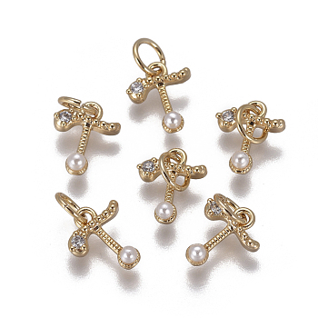 Brass Charms, with Cubic Zirconia and Shell Pearl Bead, Letter, Golden, Clear, Letter.T, 9.5~11x3.5~10.8x3~3.5mm, Hole: 3.5mm