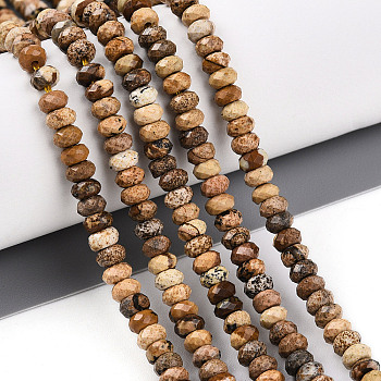 Natural Picture Jasper Beads Strands, Faceted, Rondelle, 3.5~4x2~2.5mm, Hole: 0.7~1mm, about 161~170pcs/strand, 14.69~15.35''(37.3~39cm)