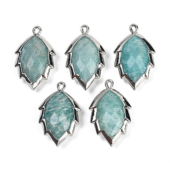 Natural Amazonite Faceted Leaf Pendants, Rack Plating Brass Charms, Platinum, 23x13.5x5.5mm, Hole: 1.2mm