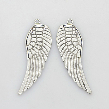 Alloy Pendants, Lead Free and Cadmium Free, Wing, Antique Silver Color, Size: about 48mm long, 16mm wide, 1.5mm thick, hole: 1.5mm
