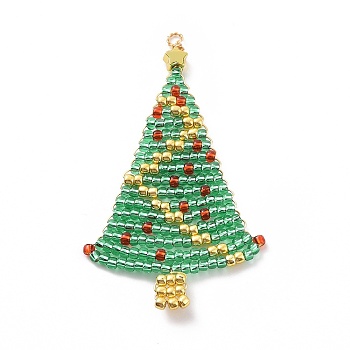 Handmade TOHO Japanese Loom Pattern Seed Beads, with Golden Brass Wire Wrapped Findings, Christmas Tree Pendants, Medium Sea Green, 54x31x2~2.5mm, Hole: 1.8mm