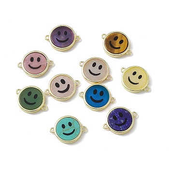Natural & Synthetic Mixed Stone Connector Charms, Flat Round with Smiling Face Links, with Rack Plating Golden Tone Brass Findings, Cadmium Free & Lead Free, Mixed Dyed and Undyed, 15.5x20x3mm, Hole: 1.6mm