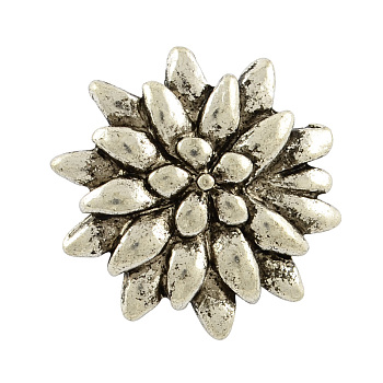 Тибетский стиль кнопки сплава эдельвейс швейная хвостовиком, без кадмия и без свинца, античное серебро, 23.5x8.5 мм, отверстие : 3 мм