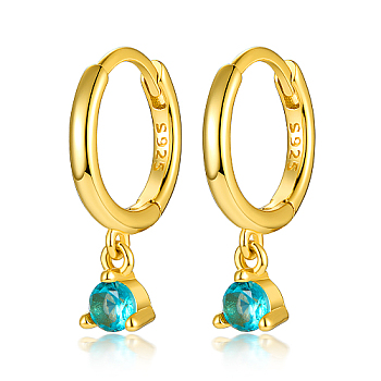 Real 18K Gold Plated 925 Sterling Silver Hoop Earrings, with Cubic Zirconia Diamond Charms, with S925 Stamp, Cyan, 17mm