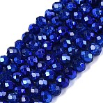 Transparent Electroplate Glass Beads Strands, Rondelle, Half Silver Plated, Dyed & Heated, Faceted, Medium Blue, 4~4.5x3.5~4mm, Hole: 0.8~0.9mm, about 111~115pcs/strand, 15.75~16.34 inch(40~41.5cm)(EGLA-Q131-01A-01)