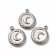 Natural White Shell Flat Round Charms, with 304 Stainless Steel Findings, Moon Pattern, Stainless Steel Color, 16x13x3mm, Hole: 1.8mm(STAS-A076-11P)