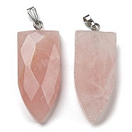 Natural Rose Quartz Pointed Pendants, Faceted Bullet Charms with Platinum Tone 201 Stainless Steel Snap on Bails, 42~42.5x17.5~18.5x8~8.5mm, Hole: 8.2x3mm(G-M405-07P-03)