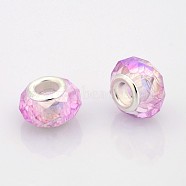 AB Color Plated Glass European Beads, Large Hole Rondelle Beads, with Silver Color Plated Brass Cores, Faceted, Pearl Pink, 14x9mm, Hole: 5mm(GPDL-J026-AB20)