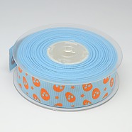 1 inch(25mm) Skull Printed Grosgrain Ribbon Gift Package DIY Hairbow Ribbon, Light Sky Blue, 1 inch(25mm), about 100yards/roll(91.44m/roll)(SRIB-D006-25mm-01)