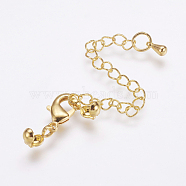 Long-Lasting Plated Brass Chain Extender, with Lobster Claw Clasps and Bead Tips, Real 18K Gold Plated, 20mm, Extend Chain: 69mm, Bead Tips: 8x3.5mm, Inner: 3mm, Clasps: 12x6x2.5mm,(KK-F711-11G)