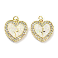 Brass Micro Pave Clear Cubic Zirconia Pendants, with Synthetic Opal and Jump Rings, Real 18K Gold Plated, Heart Charms, White, 20.5x19x2.5mm, Hole: 3mm(KK-L213-015G)