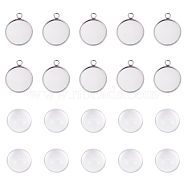 304 Stainless Steel Pendant Cabochon Settings and Clear Half Round Glass Cabochon, Flat Round, Stainless Steel Color, Settings: 21.5x18x2mm, Hole: 2.2mm, Cabochon: 16x8mm, 2pcs/set(STAS-X0017-12P-16mm)