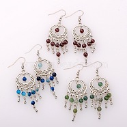 Trendy Dangling Gemstone Earrings, with Alloy Findings and Brass Earrings Hooks, Antique Silver, Mixed Stone, 70mm, Pin: 0.6mm(EJEW-JE01234)