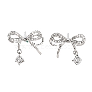 Left and Right Bowknot Brass Micro Pave Clear Cubic Zirconia Stud Earrings, with 925 Sterling Silver Pin, Clear, 15x15mm(EJEW-L293-001P)