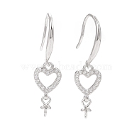 925 Sterling Silver Earring Hooks, with Clear Cubic Zirconia, Heart, for Half Drilled Beads, Platinum, 30mm, Pin: 0.7mm and 0.6mm, Tray: 6x3mm(STER-D035-30P)