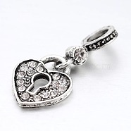 Large Hole Heart Lock Alloy Rhinestone European Dangle Charms, Antique Silver, Crystal, 25mm, Hole: 5mm(MPDL-L010-04A)