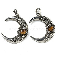 Natural Tiger Eye Pendants, Alloy Flower Crescent Moon Charms, Antique Silver, 43.5x35.5x8.5mm, Hole: 8x7mm(G-P547-04AS-02)