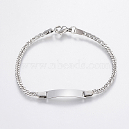 304 Stainless Steel Link Bracelets, ID Bracelets, with Lobster Clasp, Faceted, Rectangle, Stainless Steel Color, 180mm(BJEW-H572-05P)