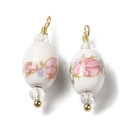 Handmade Porcelain Pendants, with Brass Findings, Real 18K Gold Plated, Barrel with Flower Pattern, Pink, 22.5x8mm, Hole: 1.8mm(KK-P242-19G-02)
