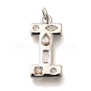 Brass Micro Pave Clear Cubic Zirconia Pendants, with Jump Ring, Lead Free and Cadmium Free, Long-Lasting Plated, Rack Plating, Letter Charms, Platinum, Letter I, 20x9.5x2.7mm, jump ring: 5x1mm, 3mm inner diameter.(KK-G521-01P-I)