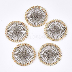 Polyester Thread Woven Pendants, with Alloy Findings, Flat Round, Golden, Camel, 38x4mm(X-FIND-S306-08D)